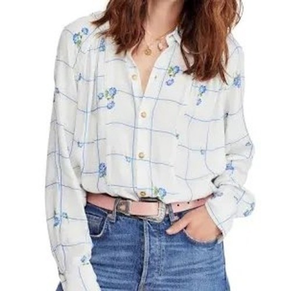 Free People window to my heart blue & white floral button down shirt Women's XS - Picture 4 of 11